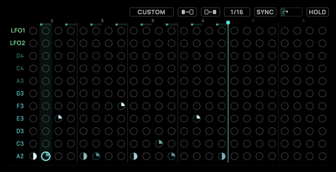Palora's arpeggiator — pattern, rate, swing, and gate