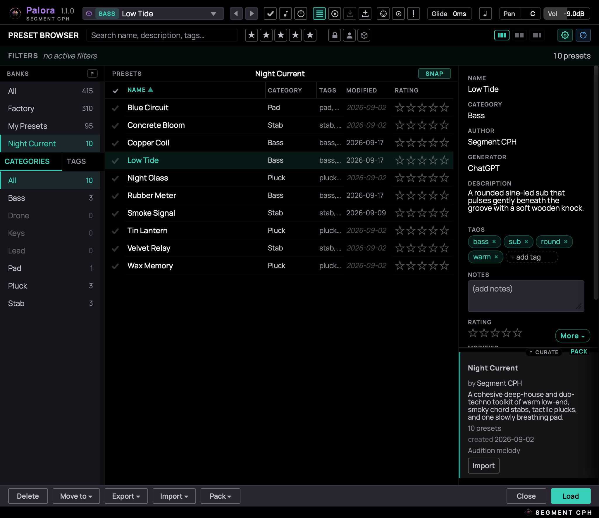 Palora's preset manager — a categorised browser with tags and search