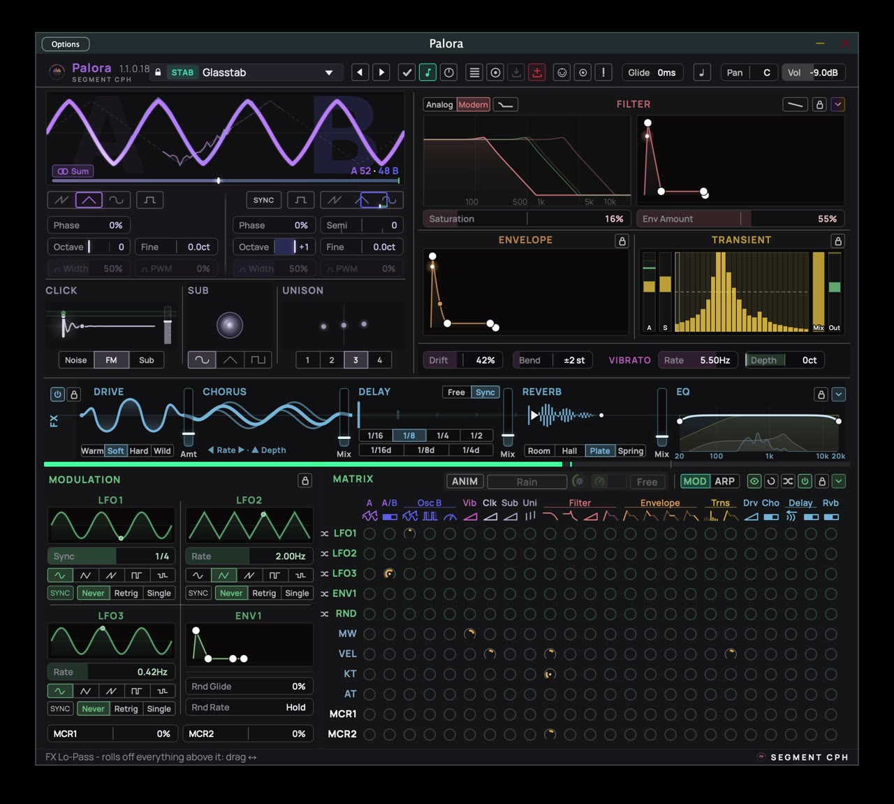 Palora's FX, Modulation and top rows folded to their title bars one after another, the window getting shorter each time, then opened again