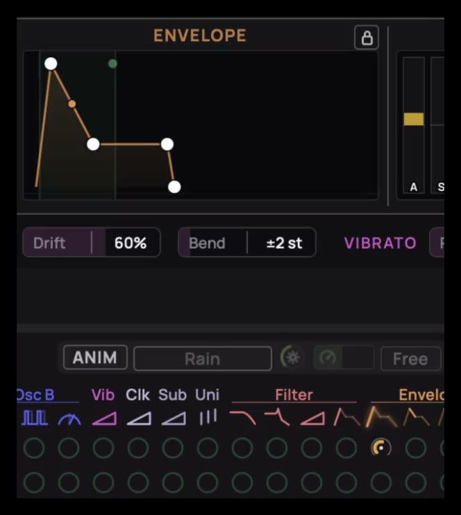 Palora's Envelope section lighting up, and the rest dimming, as its amount is dragged in the modulation matrix